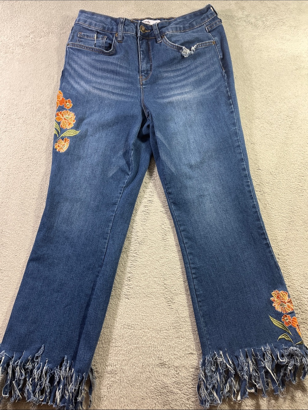 Royalty For Me Jeans  Slim Boot Cut Distressed wOrange Floral Embroidery Size 10